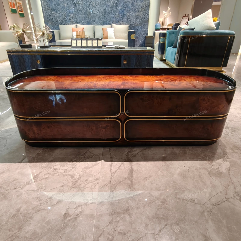 Amber High-Gloss Wood Bed End Bench with Metal Inlay Accents and Four Drawers